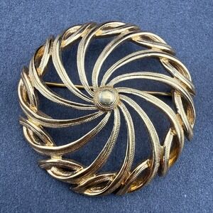 Vintage Signed Monet Brooch Pin Gold Tone Textured Swirl Pinwheel Spiral MCM